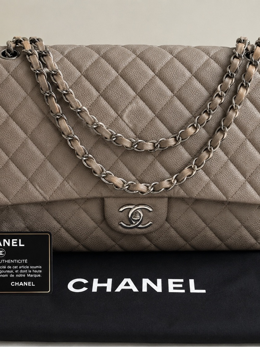 Chanel Classic Maxi Double Flap Brown Caviar Leather SHW 14 Series